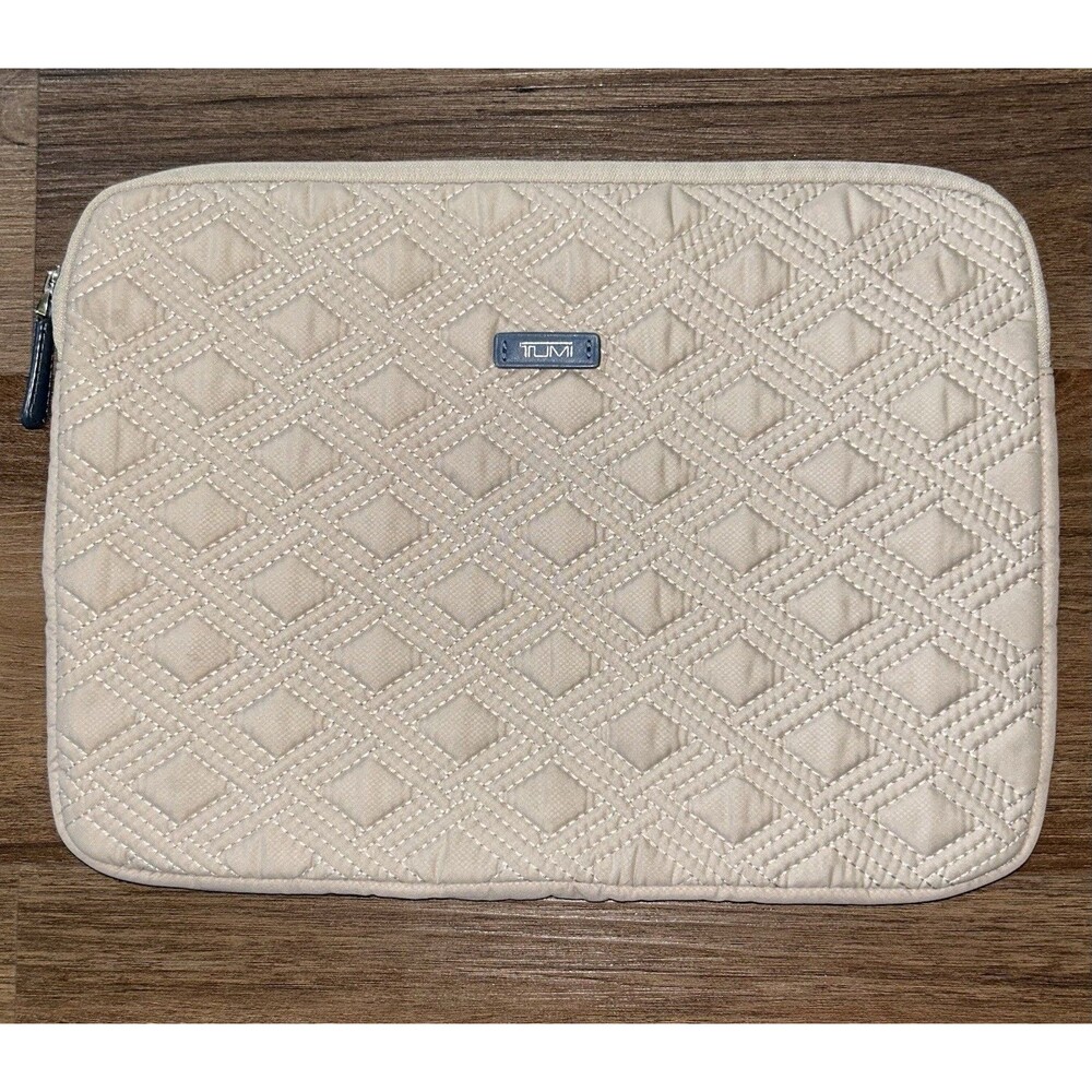 TUMI Laptop Sleeve Tan Beige Quilted Padded Slim Case 15x11